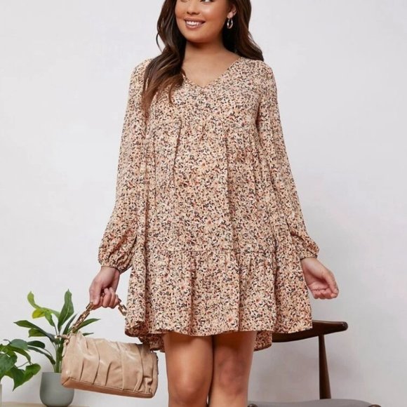 Maternity Mini Floral Print long sleeved v-neckline Flounce Hem Dress - Picture 7 of 8